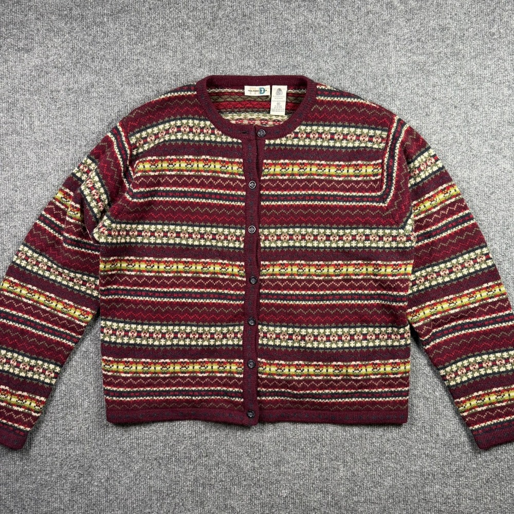Paul Harris Design Cardigan Women XL Red Lambswool Fair Isle Knit Sweater